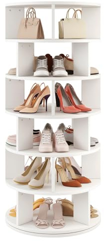 IBUYKE 6 Tier Rotating Shoe Rack, Wood 360°Spinning Shoe Rack Tower for 24 Pairs of Shoes, Vertical Round Shoe Organizer for Closet Entryway Living Room Bedroom, White WSR006W