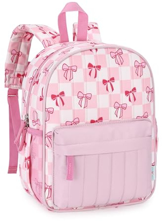 VASCHY Mochila Infantil Niña 7 L Mini, Acolchada 30 x 11,5 x 23 cm, con Correa de Pecho, Lazo Rosa a Cuadros, para 2–4 Años
