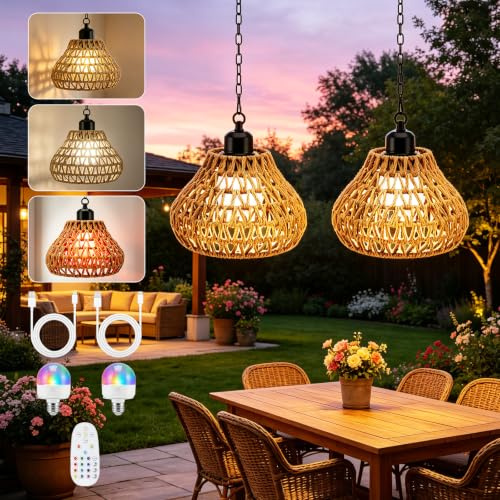 VeftBltrem 2 Stück Hängelampe mit Batterie, Boho Hängeleuchte Rattan mit Fernbedienung, IP65 Dimmbar, Tragbare Hängelampe Outdoor für Innen Außen Patio Bar Garten Terrasse Wohnzimmer Schlafzimme