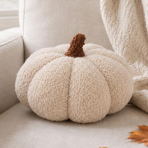 Fohuanky Coussin Citrouille pour la Décoration d'automne et d'halloween Coussin en Polaire de 20cm pour Apporter Chaleur et Style à Votre canapé de Salon, Chambre à Coucher (Beige)