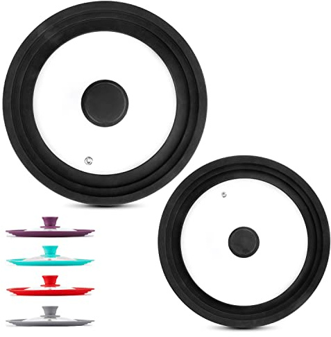 Modern Innovations Universal Lids (Set of 2) Fits 7 to 12-Inch Cookware, Silicone Replacement Pan Lid, Glass Top Covers for Skillets, Pots, Frying Pans, Cast Iron, CrockPot - Black