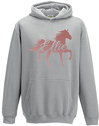 Purple Print House Girls Rose Gold Custom Name Horse Hoodie, Personalised Riding Gifts For Girls, Unique and Simple Rider Hoody Boys Kids, Silhouette Hooded Jumper, Sport Grey, 9-11 Years