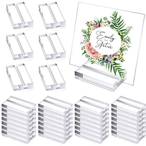 Blulu 40 Pieces Acrylic Place Card Holders 2 Inch Clear Stands Base with 3 mm Card Slot Numbers Display Table Sign for Wedding Exhibition Office Cafe Restaurant Photo Menu Meeting Table Decorations
