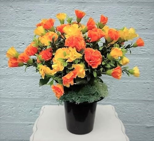 Grave Crem Pot Artificial Arrangement Yellow Apricot Carnations for Graveside Cemetery Crematorium Memorial Vase Insert Gift for Mother's Day Birthday