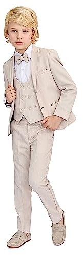 Lilax Boys Suit Set, Formal Jacket, Vest, Pants, Shirt and Matching Bowtie 5 Piece(7 Years, Beige)