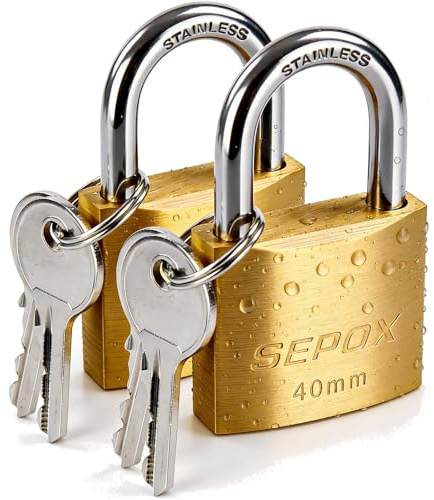 SEPOX® Marine Grade Outdoor Padlocks Keyed Alike, 40mm Heavy-Duty Solid Brass Lock Weather Proof, SUS304 Stainless Steel Long-Shackle, Rust Proof for Warehouse Garage Shed (2X Brass 40mm)