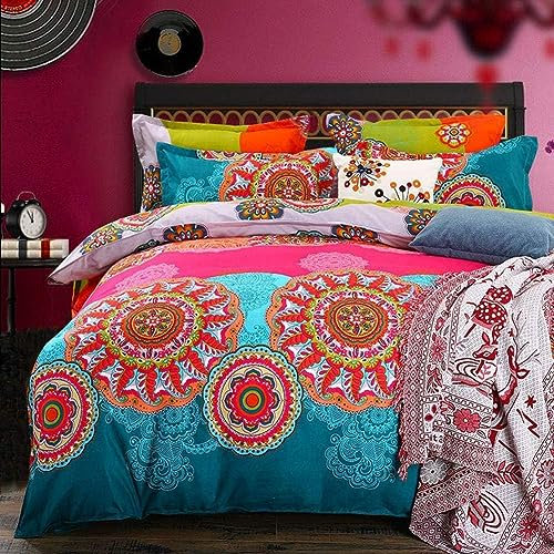 Freyamy Bettwäsche Set Boho 200x200 Rosa Pink Türkis Mandala Bohemian Style Bettbezug 100% Mikrofaser Indishes Muster Wendebettwäsche mit Kissenbezüge 80x80 cm Reißverschluss
