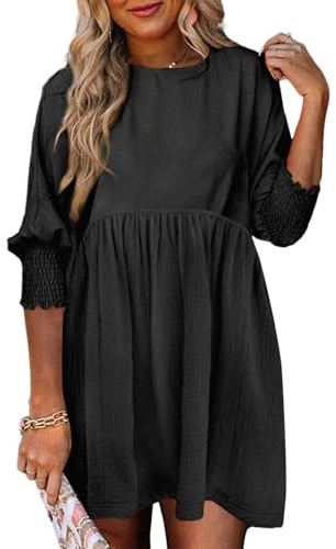 Dokotoo Summer Dresses for Women 2026 Casual Empire Waist A Line 3/4 Sleeve Cute Babydoll Mini Shirt Dress Plus Size Dress Spring Fall Western Cowgirl Church Outfits Black Dresses for Women XL