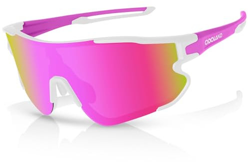 Odoland Occhiali da Ciclismo Polarizzati, Occhiali da Sole Sportivi UV 400 con Sostituibili Visione Notturna Bicchieri per Bicicletta, Pesca, Corsa a Piedi, Uomo Donna e Giovani, Colore Rosa