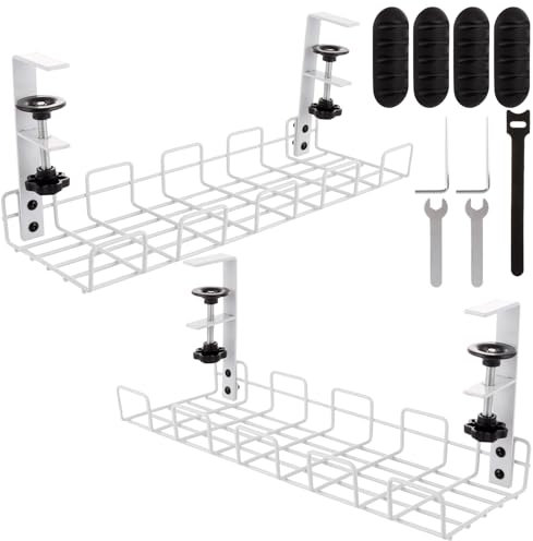 AHAQU 2PCS Under Desk Cable Management, No Drill Tidy Wire Organiser, Metal Cable Tray Basket for Office and Home- White