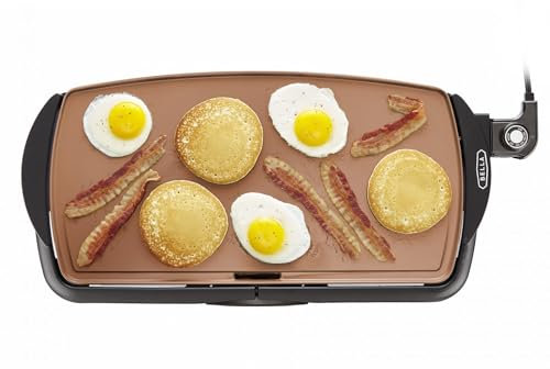 BELLA Plancha Eléctrica de Cerámica de Titanio Antiadherente, Gran Superficie de Cocción Sumergible y Bandeja Grasa Extraíble, Temperatura Regulable, Sin PTFE y PFOA, 27cm x 51cm, Cobre