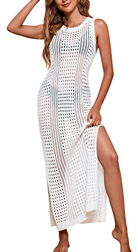 Dam strandklänning sexig ärmlös virkad klänning strand lång sommar semesterklänning virkning baddräkt cover up hollow Out strandklänning delad cover ups sidoslits strandsemester bikini badmode