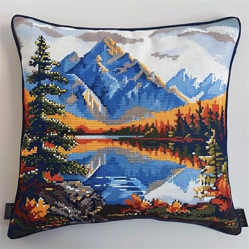 Lfynior Kreuzstich Kissen Set Vorgedruckt Landschaft Stickkissen zum Selbersticken 45X45cm Stickpackung Stickset Kreuzstich Kissen zum Basteln Stickkissen Stickpackung mit Vorgedruckt Kreuzstichmotiv