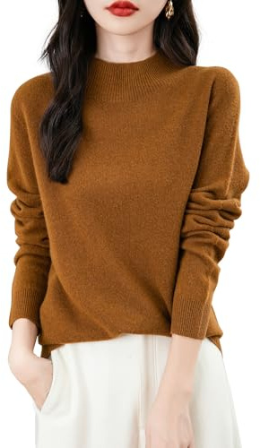 Chanyarn Maglione da Donna in 100% Lana Merino Collo Alto Demi Lavorato a Maglia Senza Cuciture a Maniche Lunghe (Caramel,L)