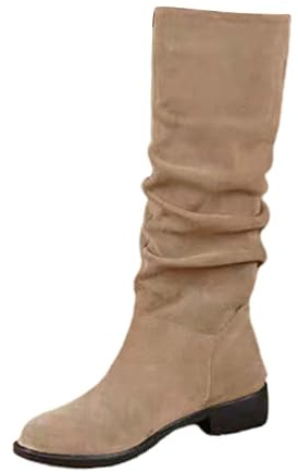Bottines Plates en Daim Pour Femme - Bottes à Enfiler Montantes au Genou - Style Cowboy et Western - Élégantes Pour Automne et Hiver, Marron, 39 EU