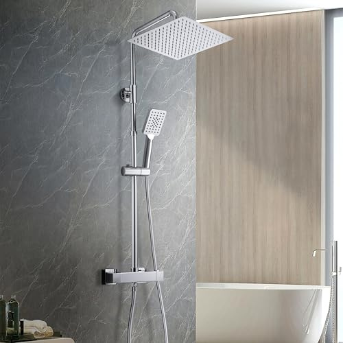 Görbach Termostat duschsystem med blandare, duscharmatur, rostfritt stål, duschstång, regndusch, duschhuvud, XXL huvuddusch 30 x 30 cm, krom