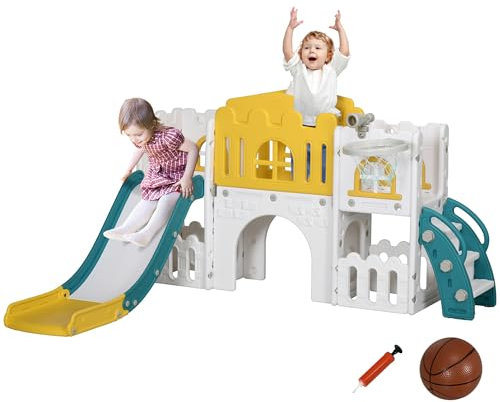 AIYAPLAY Kinder Rutsche 7-in-1 Kinderrutsche mit Basketballkorb, Klettergerüst, Teleskop, Tunnel, Lenkrad, Plattformgang Gartenrutsche Kleinkinderrutsche für Indoor & Outdoor 1 bis 3 Jahre, Gelb