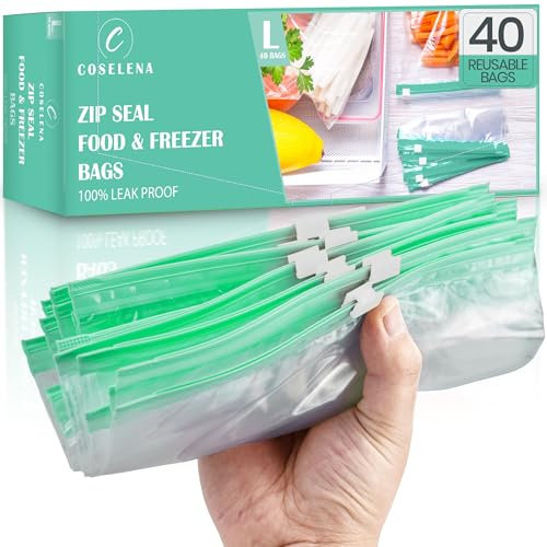 Coselena 40 PCS Freezer Bags - Zip Lock Bags Quart Size (1L) - Airtight Slider Reusable Freezer Bag, Durable & Leak-Proof Zip Lock Food Storage, Large Ziplock w/Expandable Bottom