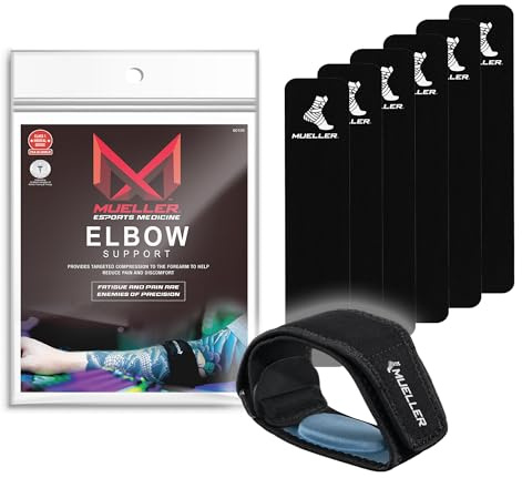 MUELLER Esports Medicine Adjustable Elbow Brace with Gel Pad for Men and Women, Elbow Pain Relief Support Sleeve, 6 KTape Strips Included, Ideal for Gamer's Console and Mouse Elbow, Black, One Size