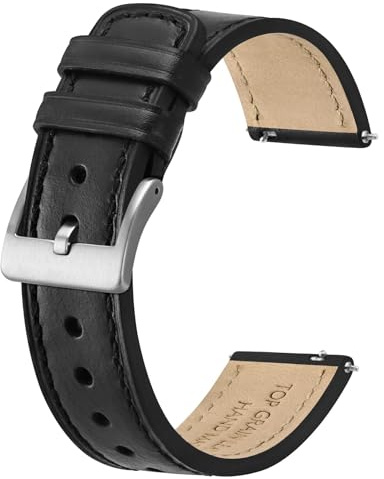 BISONSTRAP Cinturini per Orologi in Pelle, Pelle Classica Cerata a Olio, Cinturino di Ricambio a Sgancio Rapido per Uomo e Donna, 22mm, Nero (Fibbia Argento)