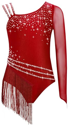 Yruioon Body per ragazze, tuta da ginnastica con brillantini, con una spalla, per pattinaggio artistico, body, tuta con frange, leotard per competizioni, costume da danza, bordeaux, 146-152