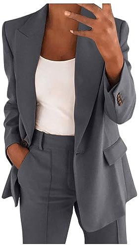 Générique Femme Tailleur Pantalon Chic et Elegant Slim Fit Blazer Veste Formel Bureau Travail Pantalon Costumes Manteau Ensemble Col Revers Couleur Unie Veste Manteau Pantalon 2 Pièces Gris A04