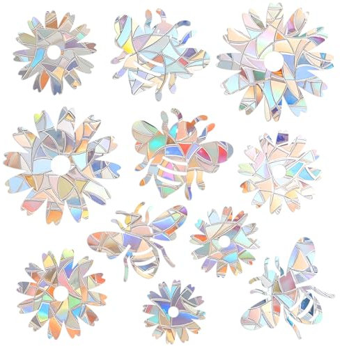 Pack of 33 Prism Window Decals PVC Anti-Collision Stickers Bird Protection Rainbow Window Film Circular Suncatcher Sticker Decoration for Stops Birds Door Window (Flowers + Bees)