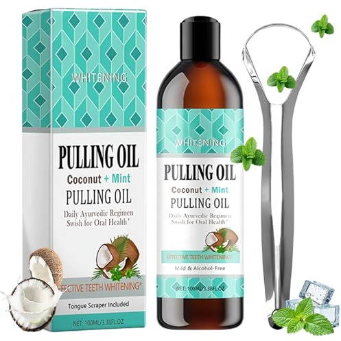Oil Pulling - Coconut Oil Pulling for Teeth – Free Mint Mouthwash with Tongue Scraper. Promotes Fresh Breath, Whiter Teeth & Healthier Gums. Ideal for Daily Oral Care Routine
