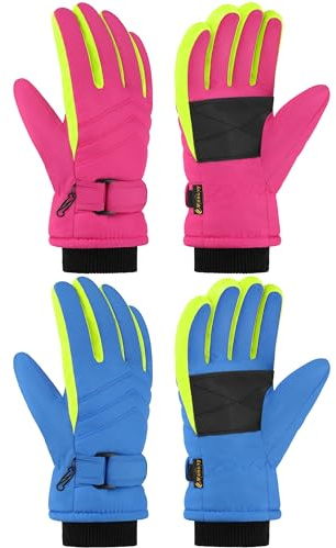 Wenouy 2 Pairs Kids Winter Snow Gloves Waterproof Windproof Warm Fleece Boys Girls Ski Gloves Outdoor Cold Weather, Yellow, Rose Red, 6-8 Years