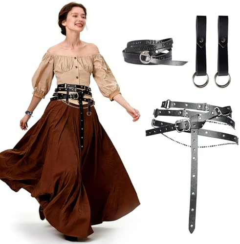 Sofisticate medeltida bälte, medeltida bälte för kvinnor med kedja, renässans justerbart falskt kedjebälte perfekt för medeltida kläder och accessoarer, cosplay och daglig användning, svart, En