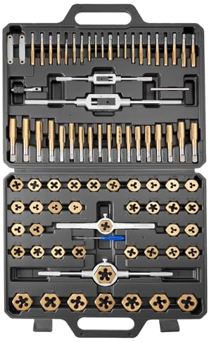 VEVOR Juego de Machos y Terrajas de Roscar 86 Piezas, SAE 4-5/8 pulgadas y Métrico M3 a M12, Rosca Gruesa y Fina, Acero Recubierto de Titanio, Incluye Llave, Calibre, Estuche para Reparación de Roscas