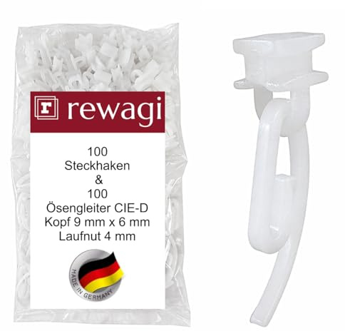 rewagi Gardinkrokar och öljettglidare CIE-D-set – 200 stycken – 100 krokar 35 mm och 100 glidhjälpmedel 9 x 5 mm – för 4 mm gardinskena – vit – plast/POM