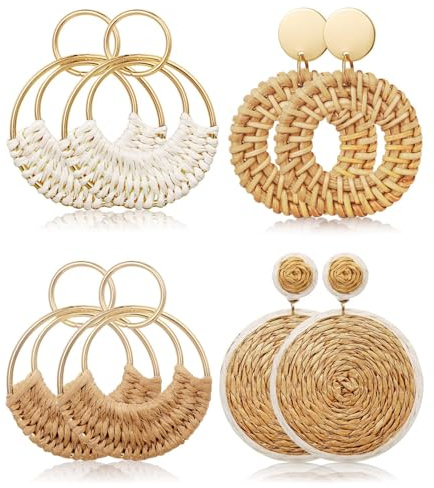 AOSWUD Boucles d’Oreilles Femme Lot de 4 Paires, Boucles Rondes Bohèmes en Rotin Raphia Faites Main Bijoux d’Été Légers Accessoires Plage Vacances Fête Mariage