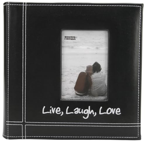 Pioneer Photo Albums Embroidered Live, Laugh, Love Black Sewn Leatherette Frame Cover Album for 4x6 Prints