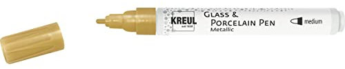 KREUL 16415 - Glass & Porcelain Pen Metallic medium, gold, formstabile Rundspitze, Strichstärke ca. 2 - 4 mm, Porzellanmalstift mit brillanter, metallischer Farbe auf Wasserbasis, lösemittelfrei