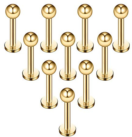 Ruifan 10PCS 16G Gold Plated 316L Stainless Steel 3mm Ball Labret Monroe Lip Ring Tragus Helix Cartilage Earring Stud Barbell 6mm Bar Length Body Piercing Jewelry