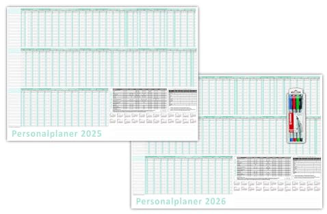 Urlaubsplaner/Personalplaner 2026 + 2027 nass abwischbar mit Folienkaschierung inkl. Stifteset - DIN B1 Format (700 x 500mm) 22 Mitarbeiter Januar bis März Folgejahr mit Schulferien (gerollt!)