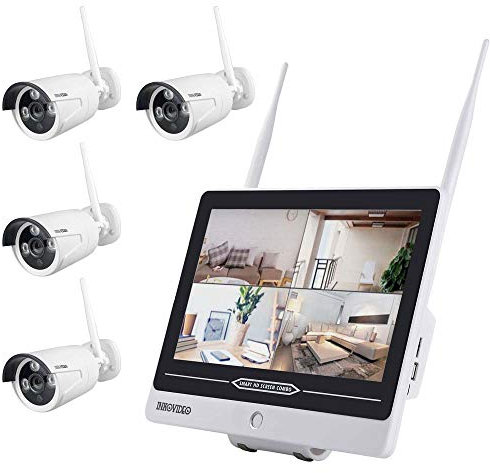 Inkovideo INKO-AL3003-4 - WLAN Überwachungsset mit integriertem 30,48 cm (12“ Zoll) Monitor und 4X 3 MP Überwachungskameras