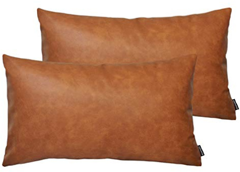 HOMFINER - Juego de 2 Fundas de cojín de Piel sintética Rectangular (30,5 x 50,8 cm, Estilo rústico y rústico, para sofá, Cama, sofá, marrón, coñac