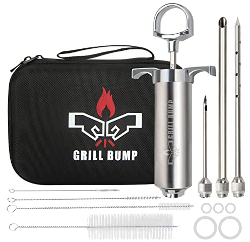 Grill Bump Kit de jeringa inyectora de carne con 3 agujas de inyector de adobo profesional y estuche de viaje para barbacoa, ahumador, pavo y pechuga de 2 onzas, gran capacidad, manual de usuario en
