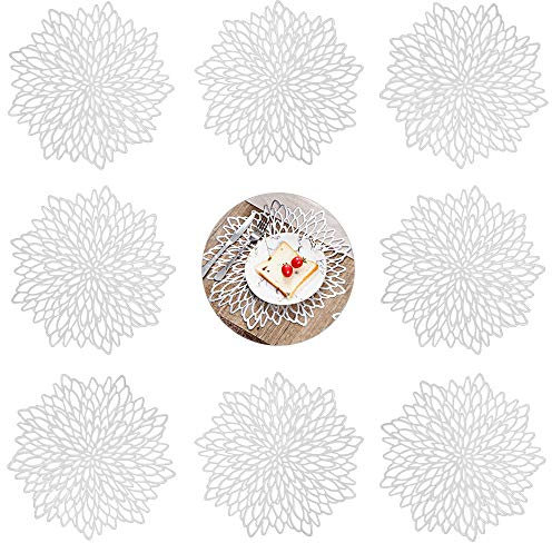 GLOBALDREAM Redondos Salvamanteles Ahuecados, 8 Piezas Manteles Individuales Mantel Individual Tapetes para Mesa de Comedor Kitchen Placemat (Plata, 38cm)