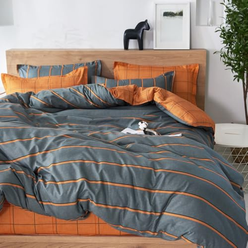 Juego de Ropa de Cama de 3 Piezas, Treer Microfibra Suave Transpirable Moderno Tartán Juego de Fundas Edredón con 1 Funda Nórdica + 2 Funda de Almohada (Naranja Gris,200x200cm)