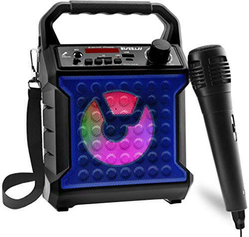 Risebass Máquina de karaoke portátil con micrófono con luces de fiesta para niños y adultos, juego de altavoces USB recargables con Bluetooth, radio FM, tarjeta SD/TF, entrada auxiliar, regalo de