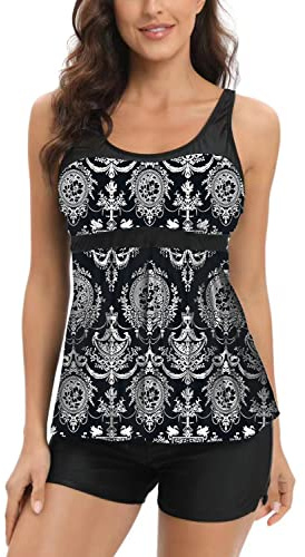 AOQUSSQOA Women Floral Halter Tankini Set with Shorts High Waist Sporty Swimsuit Bikini (Black, XXL)