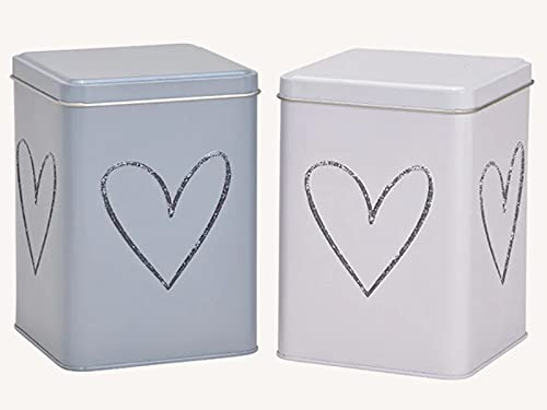 2er-Set Vorratsdose mit Deckel in Herz Dekor - Dose aus Metall 2-fach sortiert (weiss grau) (ECKIG - B 10cm x H 15cm x T 10cm) Aufbewahrungsdosen Küche Vorratsbehälter Zucker Mehl Tee Geschenkidee