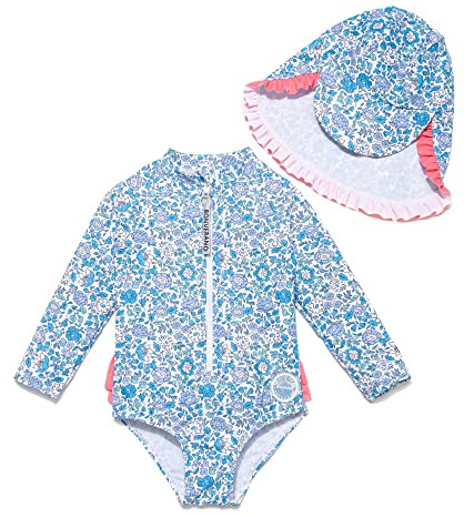 BONVERANO Traje de baño de una Pieza para niña, Mangas largas, protección UV 50+ con Gorra(Azul-Azul,3-6meses…