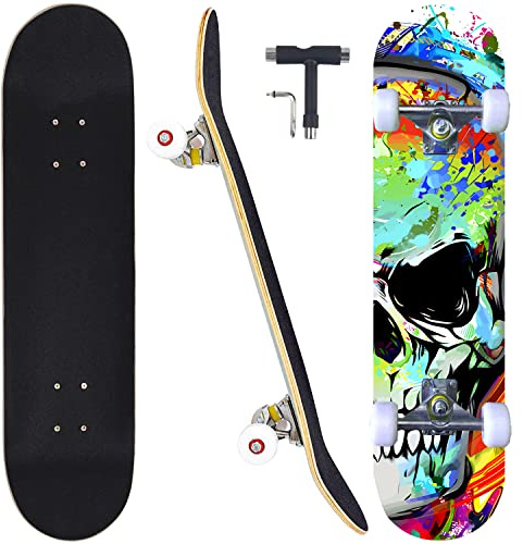 CAPARK Skateboards for Beginners Adults Youths Teens Kids Girls Boys 31 Inch Pro Complete Skate Boards 7 Layer Canadian Maple Double Kick Concave Longboards (Colorful Skull)