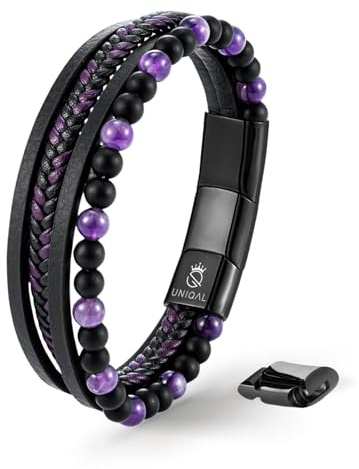 UNIQAL | Echtleder Armband Herren mit Natursteinen FANCY Mens nature stone Bracelet | Edelstahl, Männer | Etui Box Gratis (LILA AMETHYST, 19)