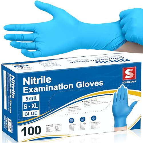 Schneider Nitrile Exam Gloves, 5 Mil, Blue, Latex-Free & Powder-Free Disposable Gloves, Textured Grip, for Medical Exam, Food Handling, Cleaning & Industrial Use