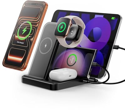 Caxdon Multiple Devices Charging Station, 5-in-1 Charging Station for iPhone 17 Pro Max/Pro/16/15/14/13/12, iPad Pro/Air/Mini, Apple Watch and Airpods,Wireless Charging Dock(G805) (Black)